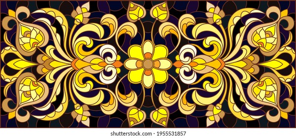 Illustration in stained glass style with floral ornament ,imitation gold on dark background with swirls and floral motif, horizontal orientation