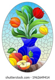 Illustration in a stained glass style with a floral still life, a vase with bright tulips, and apples on a blue background , oval illustration