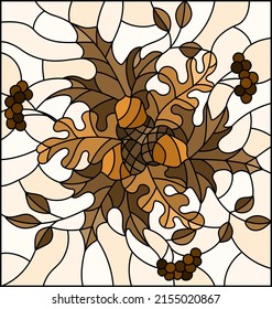 Illustration in stained glass style with floral composition, bright leaves and fruits on yellow background, rectangular image, tone brown