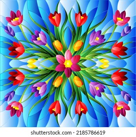 Illustration in stained glass style with floral arrangement, colorful Crocuses on a blue background