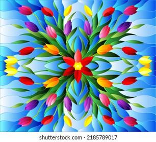 Illustration in stained glass style with floral arrangement, colorful tulips on a blue background