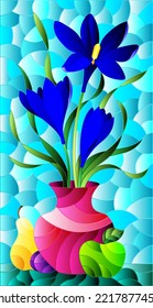 Illustration in stained glass style with floral still life, a bouquet of blue flowers in a vase and fruit on a blue sky background