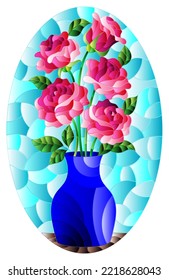 Illustration in stained glass style with floral still life, vase with a bouquet of pink roses on a blue background, oval image