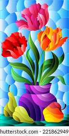 Illustration in a stained glass style with a floral still life, a vase with bright tulips, pears and an Apple on a blue background , rectangular illustration