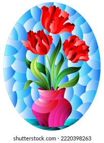 Illustration in a stained glass style with a floral still life, a vase with bright red tulips  on a blue background , oval image 