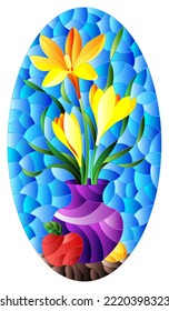 Illustration in stained glass style with floral still life, a bouquet of yellow flowers in a vase and fruit on a blue sky background, oval image