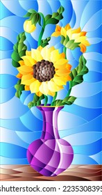 Illustration in stained glass style with floral still life, a bouquet of sunflowers in a purple vase on a blue background