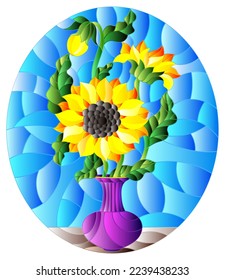 Illustration in stained glass style with floral still life, a bouquet of sunflowers in a purple vase on a blue background,, oval image 