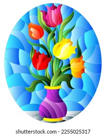 Illustration in stained glass style with floral still life, colorful bouquet of Tulips in a purple vase on a blue background, oval image