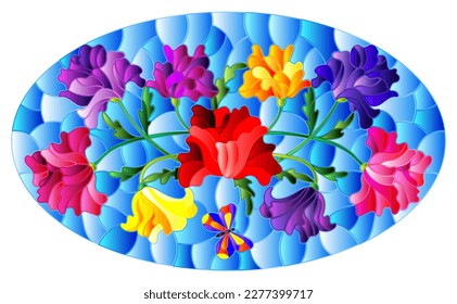 Illustration in stained glass style with floral arrangement of flowers, colorful flowers and leaves on a blue background, oval image