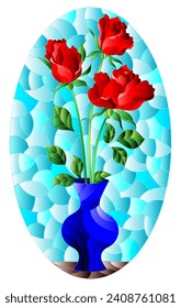 Illustration in stained glass style with floral still life, vase with a bouquet of red roses on a blue background, oval image
