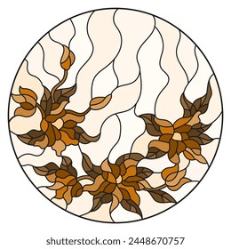 Illustration in stained glass style with floral arrangement of flowers, pink  flowers and leaves, oval image ,tone brown