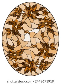 Illustration in stained glass style with floral arrangement of flowers, pink  flowers and leaves, oval image ,tone brown