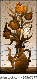 Illustration in stained glass style with floral still life, bouquet of Tulips in a vase , tone brown