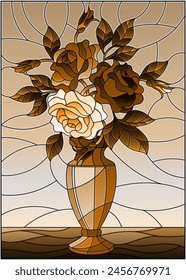 Illustration in stained glass style with floral still life,bouquet of roses in a vase, tone brown