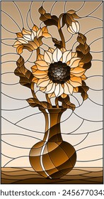 Illustration in stained glass style with floral still life, a bouquet of sunflowers in a  vase, tone brown