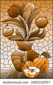 Ilustración en un estilo de vitral con una naturaleza muerta floral, un jarrón con tulipanes y manzanas en una , ilustración rectangular, tono marrón