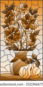 Illustration im Buntglasstil mit floralem Stillleben, Vase mit einem Strauß Pfingstrosen und Früchten auf Himmelhintergrund, Ton braun