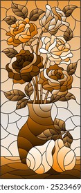 Illustration im Buntglasstil mit floralem Stillleben, Vase mit einem Strauß von Rosen und Früchten auf Himmelhintergrund, Ton braun