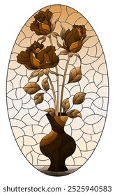 Illustration im Buntglasstil mit floralem Stillleben, Vase mit einem Rosenstrauß auf Himmelhintergrund, ovales Bild, Ton braun