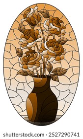 Illustration im Buntglasstil mit floralem Stillleben, Vase mit einem Rosenstrauß auf Himmelhintergrund, ovales Bild, Ton braun