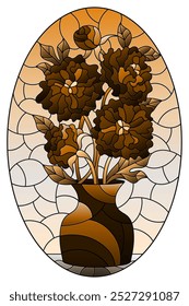 Illustration im Buntglasstil mit floralem Stillleben, Vase mit einem Strauß Pfingstrosen auf Himmelhintergrund, ovales Bild, Ton braun