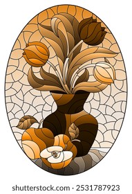 Illustration in a stained glass style with a floral still life, a vase with tulips, and apples on a , oval illustration, tone brown