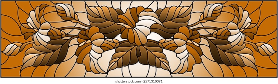 Illustration in stained glass style with a floral arrangement of Calla flowers,  Calla and leaves , tone brown