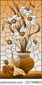 Illustration in stained glass style with floral still life, vase with a bouquet of daffodils and fruit, tone brown