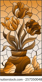 Illustration in a stained glass style with a floral still life, a vase with tulips, pears and an Apple, tone brown