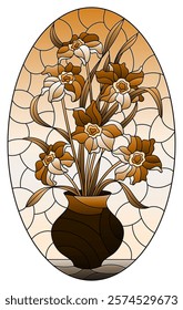 Illustration in stained glass style with floral still life, vase with a bouquet of daffodils, oval image, tone brown