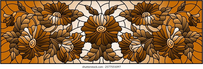 Illustration in stained glass style with floral arrangement of flowers,  flowers and leaves , tone brown