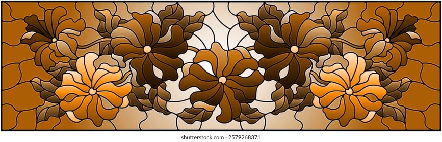 Illustration in stained glass style with floral arrangement of flowers,  flowers and leaves , tone brown