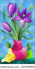 Illustration in stained glass style with floral still life, vase with a bouquet of purple flowersin a vase and fruit on a blue sky background