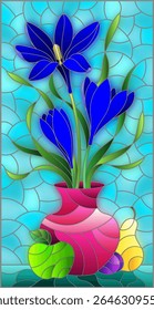 Illustration in stained glass style with floral still life, a bouquet of blue flowers in a vase and fruit on a blue sky background