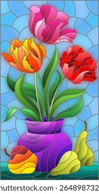 Ilustração num estilo de vitral com uma natureza morta floral, um vaso com tulipas brilhantes, peras e uma maçã sobre um fundo azul , ilustração retangular