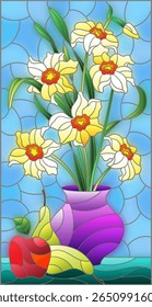 Ilustração em estilo de vidro manchado com natureza morta floral, vaso com um buquê de narcisos e frutas em um fundo azul