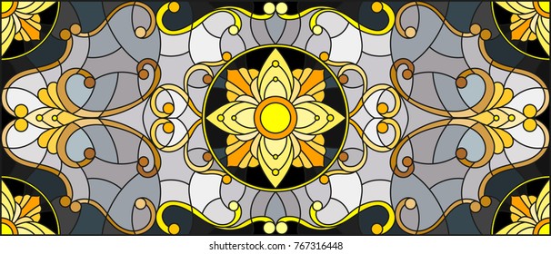 Illustration in stained glass style with floral ornament ,imitation gold on dark background with swirls and floral motifs