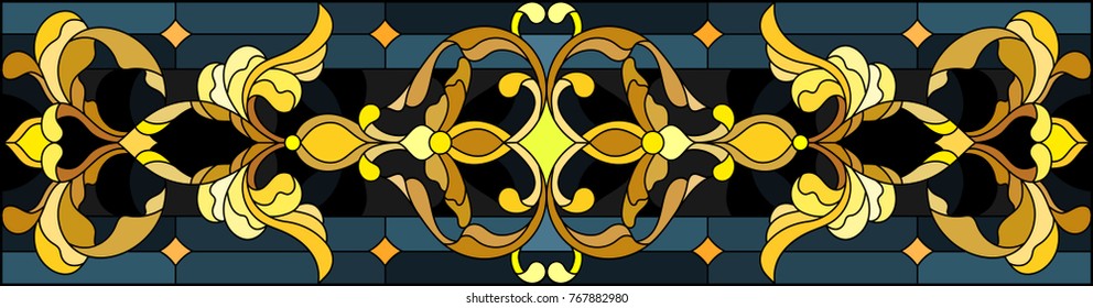 Illustration in stained glass style with floral ornament ,imitation gold on dark background with swirls and floral motifs