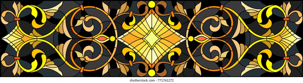 Illustration in stained glass style with floral ornament ,imitation gold on dark background with swirls and floral motifs