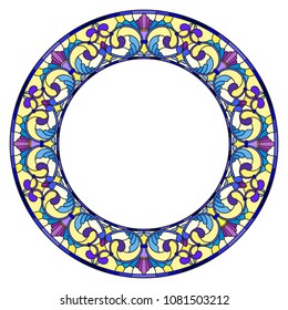 Illustration in stained glass style flower frame, bright flowers and  leaves in blue frame on a white background