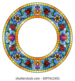 Illustration in stained glass style flower frame, bright flowers and  leaves in blue frame on a white background