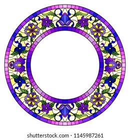 Illustration in stained glass style flower frame, bright flowers and  leaves in blue frame on a white background