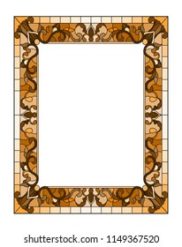 Illustration in stained glass style flower frame, brown flowers and  leaves in  frame on a white background