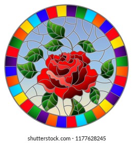 Illustration in stained glass style flower of red rose on a blue background in a bright frame,round image