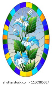 Illustration in stained glass style flower of callas lilys on a blue background in a bright frame,oval  image