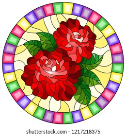 Illustration in stained glass style flower of red roses on a yellow background in a bright frame,round image