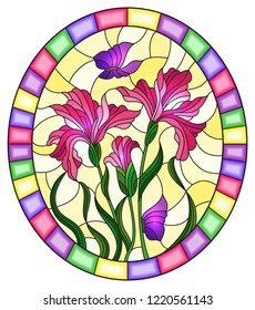 Illustration in stained glass style flower of pink irises and purple butterflies on a yellow  background in a bright frame,oval  image