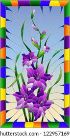 Illustration in stained glass style flower of purple gladiolus on a sky  background in a bright frame,rectangular  image