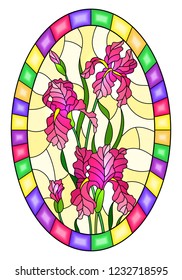 Illustration in stained glass style flower of pink irises on a yellow background in a bright frame,oval  image